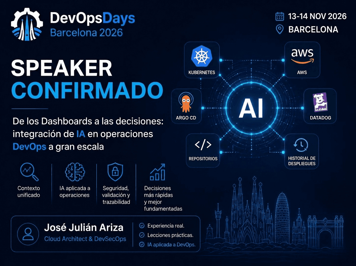 Banner de speaker confirmado de DevOpsDays Barcelona 2026 para la sesión de Opsphere sobre IA en operaciones DevOps