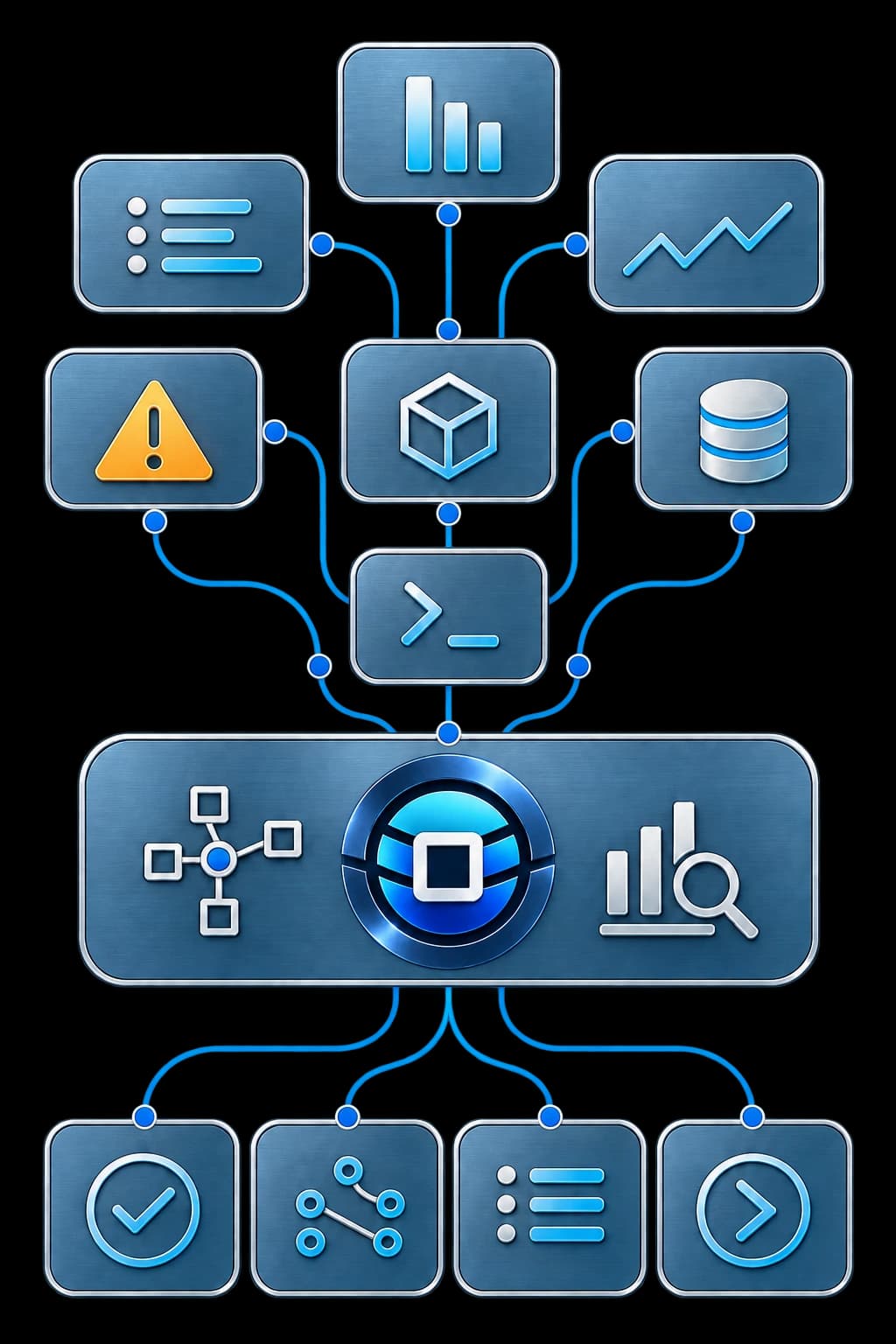 Isometric illustration of an operational intelligence layer connecting existing infrastructure tools